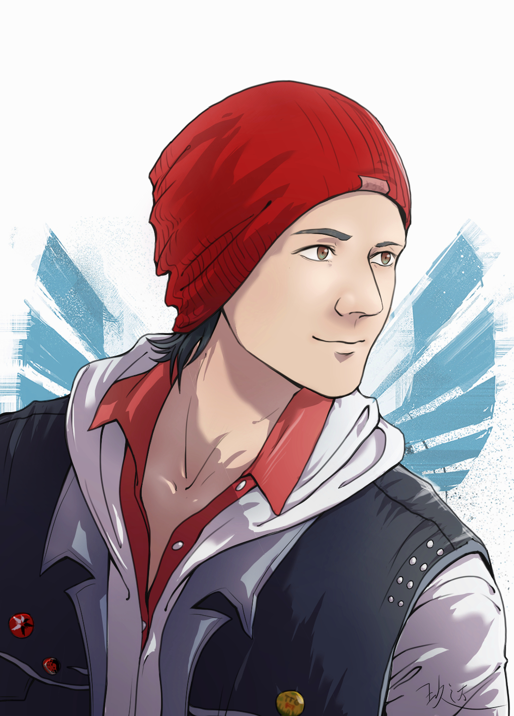 1boy beanie delsin_rowe hat highres infamous infamous_second_son jiuda male_focus smile solo yellow_eyes