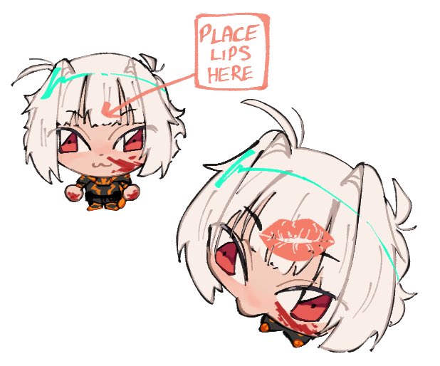 1girl :3 ahumansandwich armor blood blood_on_clothes blood_on_face blood_on_hands cape chibi choppy_bangs english_text hair_intakes lipstick_mark lipstick_mark_on_forehead meme messy_hair myo_(project_moon) orange_cape place_lips_here_(meme) project_moon red_eyes simple_background solo white_background white_hair