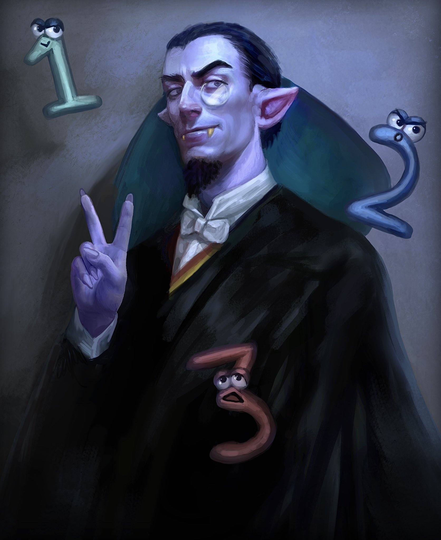 1boy amber_goodhart black_cape black_hair bow bowtie cape colored_skin count_von_count counting facial_hair fangs finger_counting goatee grey_background highres looking_at_viewer male_focus monocle pointy_ears purple_skin sesame_street solo v vampire white_bow white_bowtie