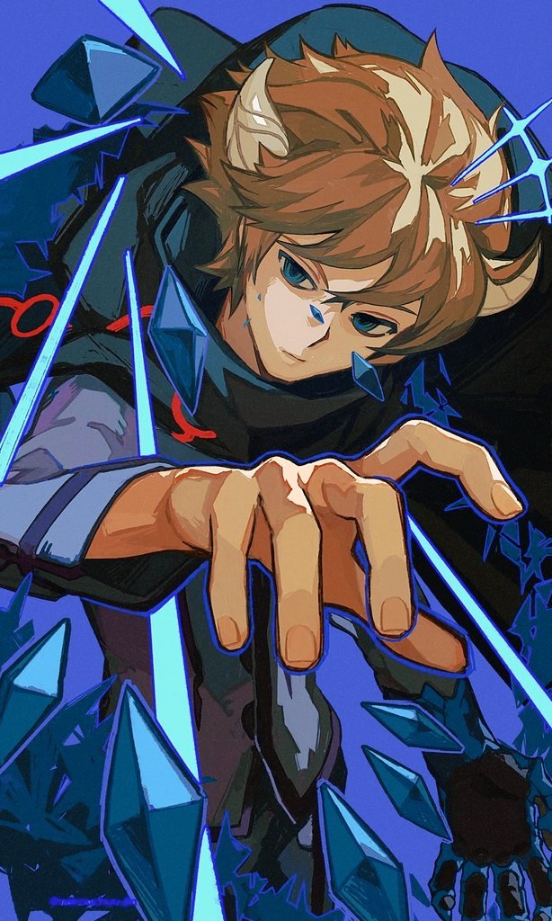 1boy black_cloak blue_background blue_eyes brown_hair cloak closed_mouth cowboy_shot demon_horns grey_jacket grey_pants hand_up horns hyuse jacket long_sleeves looking_at_viewer male_focus nekouchuu_jin open_hand pants short_hair solo standing world_trigger