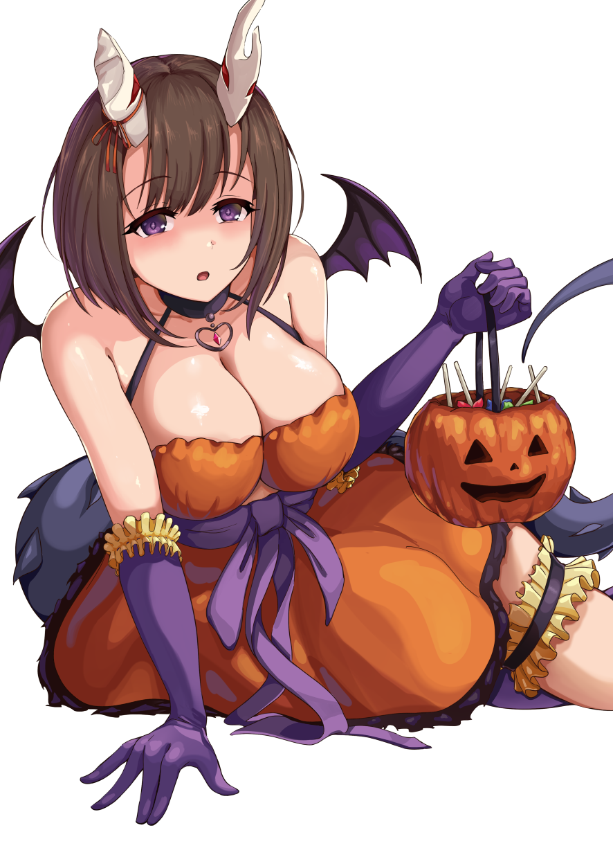 1girl alternate_costume arm_support bare_shoulders bat_wings bob_cut bow breasts broken_horn brown_hair bucket candy choker cleavage demon_girl demon_horns demon_tail dress eriko_(princess_connect!) food gloves halloween halloween_bucket halloween_costume heart heart_choker highres holding holding_bucket horn_ornament horn_ribbon horns inverted_bob large_breasts leaning_forward mononoke_(pixiv53597254) on_ground open_mouth orange_dress princess_connect! purple_bow purple_eyes purple_gloves purple_wings ribbon simple_background sitting sleeveless sleeveless_dress solo spiked_tail tail thigh_strap waist_bow white_background wings