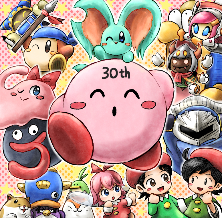 adeleine ado animal_ears anniversary bandana bandana_waddle_dee beret black_hair blue_bandana blue_eyes blush_stickers cape chuchu_(kirby) coo_(kirby) disembodied_hand elfilin fairy fairy_wings fangs fish gloves gooey_(kirby) hat holding holding_polearm holding_weapon horns kicdon kine_(kirby) king_dedede kirby kirby_(series) magolor mask meta_knight mouse_ears nago nintendo notched_ear one_eye_closed open_mouth pink_hair pitch_(kirby) polearm polka_dot polka_dot_background rayman_limbs red_headwear red_ribbon ribbon ribbon_(kirby) rick_(kirby) smile solid_oval_eyes spear star_(symbol) susie_(kirby) taranza tongue tongue_out wall-eyed weapon wings