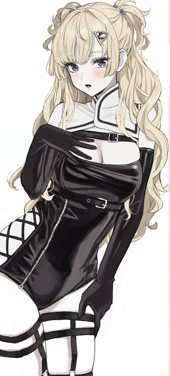 1girl alternate_costume bare_shoulders blonde_hair blush breasts cleavage clothing_cutout cowboy_shot eyelashes hair_ornament hand_on_own_chest highres kantai_collection large_breasts long_hair looking_at_viewer minneapolis_(kancolle) neju parted_lips purple_eyes side_cutout simple_background solo thigh_strap two_side_up wavy_hair white_background