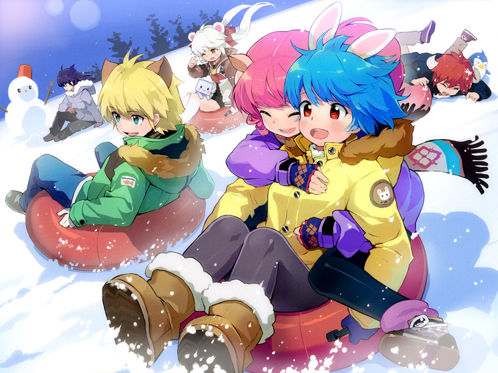 3boys 3girls animal_ears bear_ears black_hair black_jacket blonde_hair blue_hair blush boots breasts brown_footwear brown_sailor_collar buffalo_(trickster) bunny_(trickster) closed_eyes cow_horns dot_nose dragon_(trickster) dragon_wings fake_animal_ears fake_head_wings fake_horns fingerless_gloves fur-trimmed_footwear fur-trimmed_jacket fur_trim gloves green_eyes green_jacket grey_jacket head_wings horns hug hug_from_behind jacket lion_(trickster) lion_ears long_sleeves mimi_(ranma3049) multiple_boys multiple_girls official_art open_mouth outdoors pink_hair polar_(tricster) purple_jacket rabbit_ears red_eyes red_hair red_innertube sailor_collar scarf sheep_(trickster) sheep_ears sitting sledding small_breasts snowman sunlight teeth trickster_(ntreev_soft) twintails upper_teeth_only white_gloves white_hair wings winter yellow_jacket