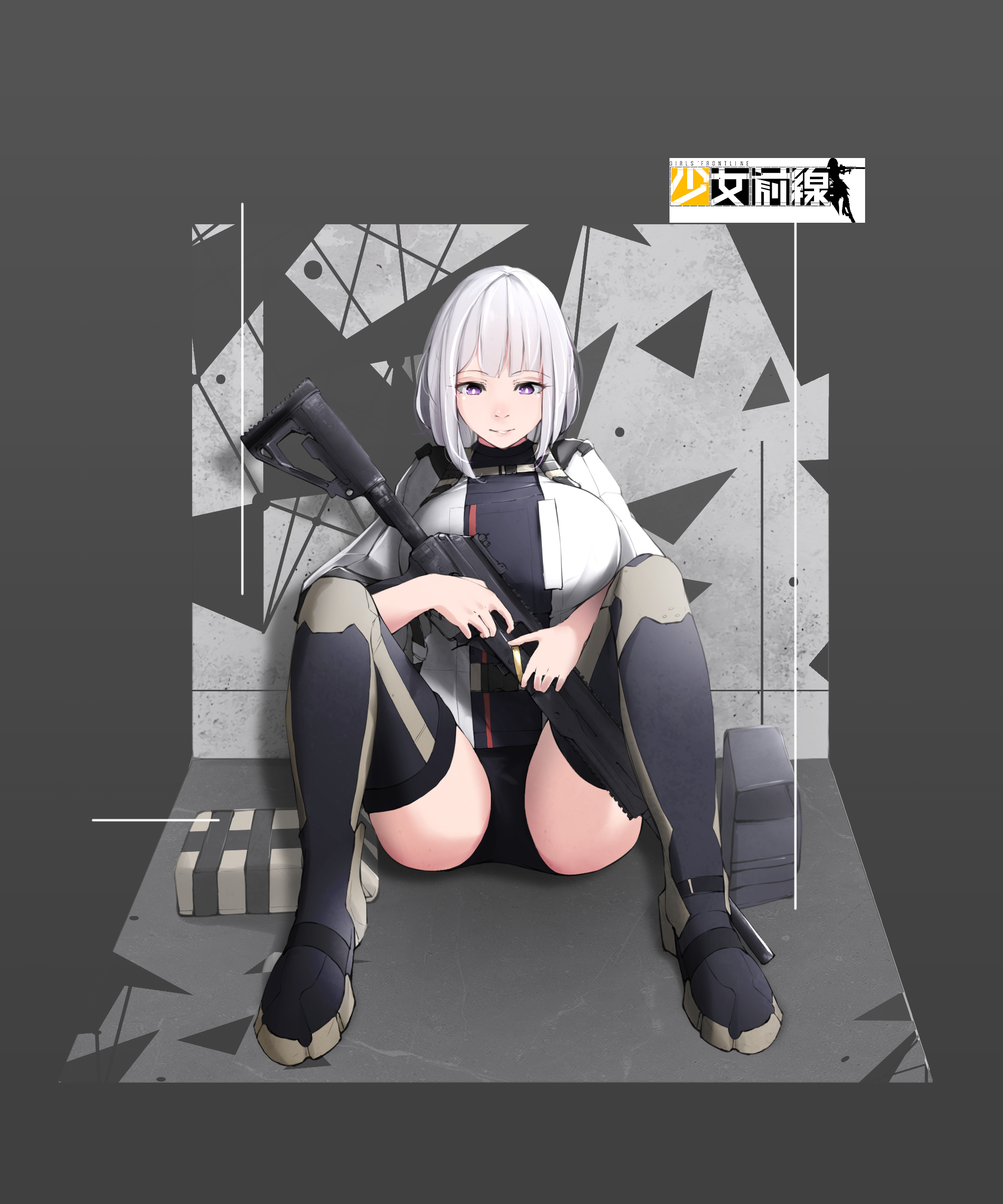 1girl absurdres black_panties black_thighhighs blunt_bangs boots breasts extended_barrel girls'_frontline gun highres holding holding_weapon jacket kruup large_breasts light_machine_gun lips logo looking_at_viewer machine_gun medium_hair on_floor panties purple_eyes rpk rpk-16 rpk-16_(girls'_frontline) silver_hair simple_background sitting smile solo spread_legs suppressor tagme thighhighs underwear uniform weapon