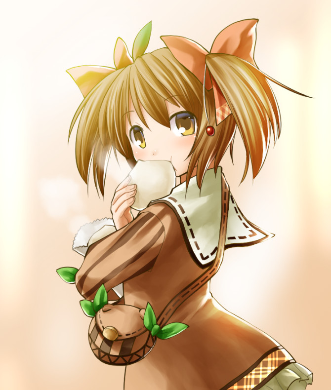 1girl :t steamed_bun bow brown_eyes brown_hair character_request eating emil_chronicle_online female_focus food hair_bow kasuga_yukihito sailor_collar skirt solo