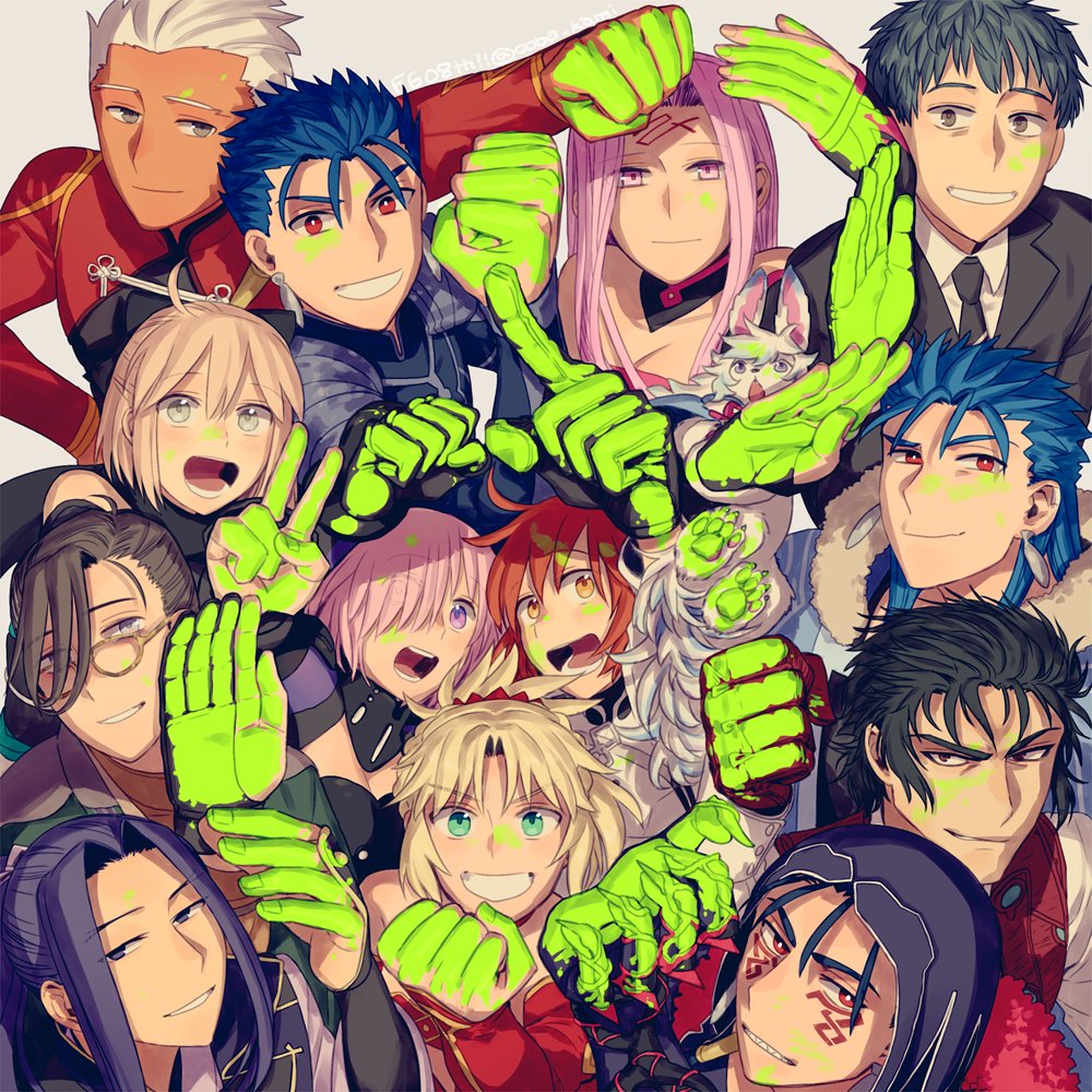 5girls 6+boys anniversary archer_(fate) breasts cleavage cu_chulainn_(caster)_(fate) cu_chulainn_(fate) cu_chulainn_(fate/stay_night) cu_chulainn_alter_(fate) facial_mark fate/grand_order fate_(series) forehead_mark fou_(fate) fujimaru_ritsuka_(female) fujimaru_ritsuka_(female)_(decisive_battle_chaldea_uniform) hijikata_toushirou looking_at_viewer mash_kyrielight mash_kyrielight_(ortenaus) medusa_(fate) medusa_(rider)_(fate) mordred_(fate) mordred_(fate/apocrypha) multiple_boys multiple_girls okita_souji_(fate) ooba open_mouth outstretched_arms paint_on_hands paint_splatter paint_splatter_on_face saitou_hajime_(fate) sasaki_kojirou_(fate) smile white_background yamanami_keisuke_(fate)
