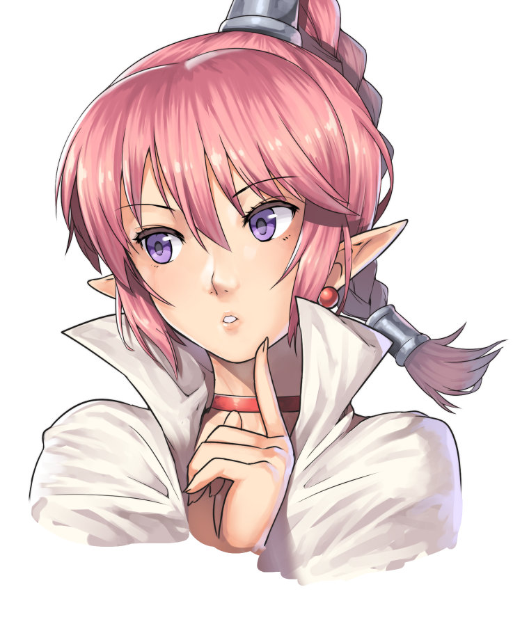1990s_(style) 1boy blush braid cape choker chrono_(series) chrono_trigger earrings finger_to_face finger_to_own_chin flea_(chrono_trigger) high_ponytail jewelry long_hair looking_to_the_side male_focus male_with_breasts nagase_haruhito open_mouth pink_hair pointy_ears ponytail portrait purple_eyes retro_artstyle simple_background single_braid solo square_enix trap white_background