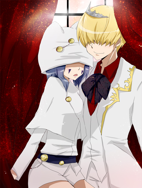 1boy 1girl bad_id bad_pixiv_id belphegor_(reborn) blonde_hair formal_clothes hair_over_eyes hat katekyo_hitman_reborn! mammon_(reborn) miao_(artist) smile suit tiara