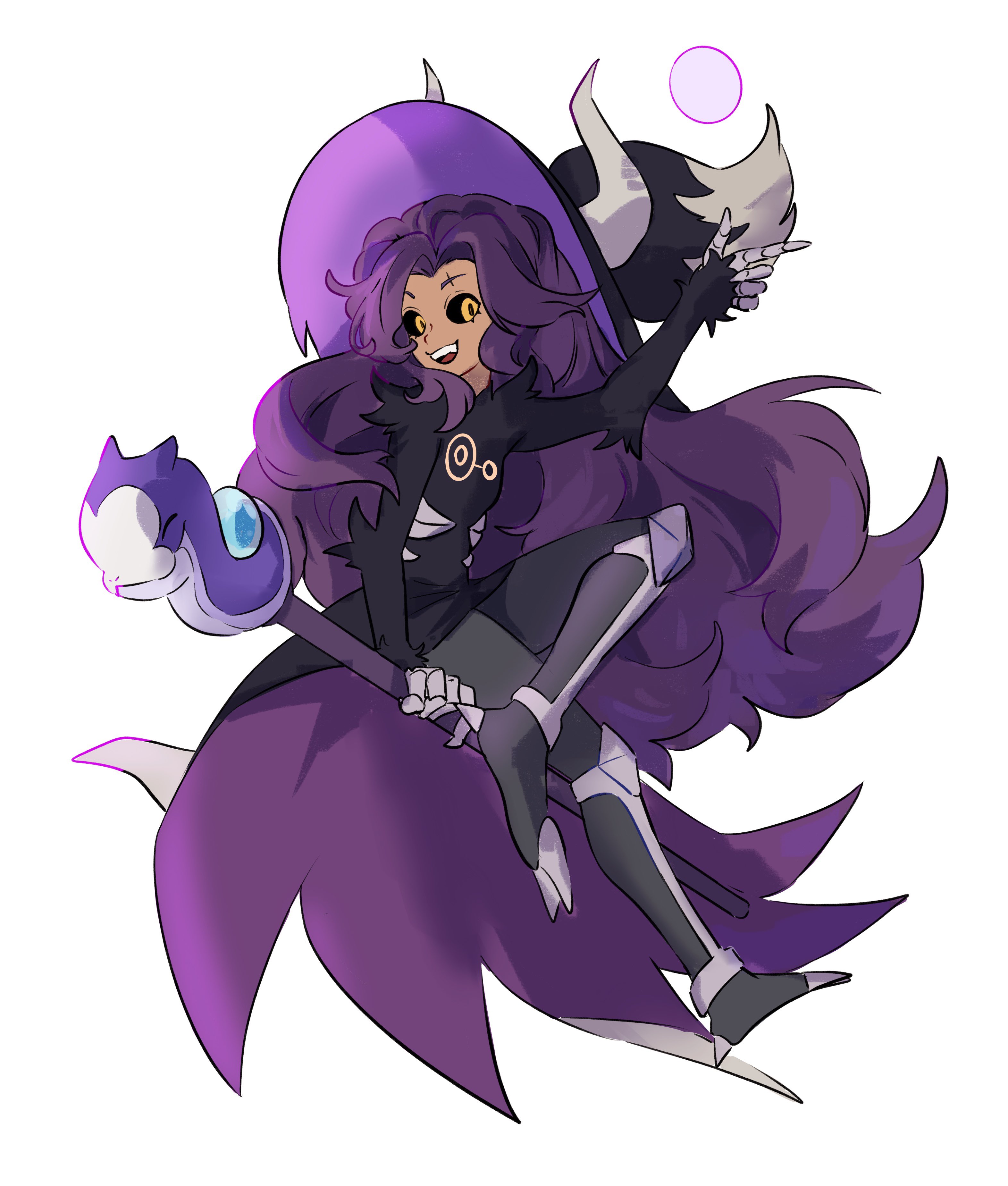1girl absurdres black_fur black_sclera claws colored_sclera demon_girl demon_horns eyebrow_cut highres horns horns_through_headwear long_hair luz_noceda luz_noceda_(titan) mage_staff oe_(yamifuti) purple_hair simple_background staff staff_riding stringbean_(the_owl_house) the_owl_house very_long_hair yellow_eyes