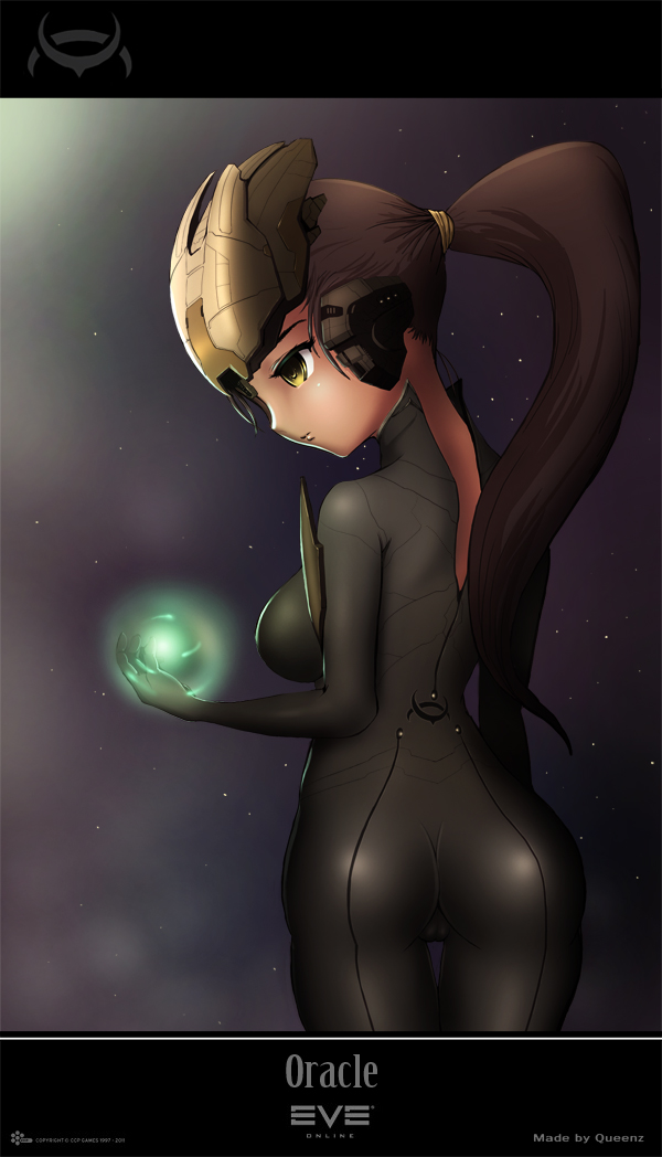 1girl amarr_empire_(eve_online) artist_name ass attack_ship_(eve_online) battlecruiser_(eve_online) bodysuit breasts brown_hair brown_helmet closed_mouth commentary company_logo company_name copyright_name cowboy_shot emblem energy eve_online from_behind glowing grey_bodysuit headgear helmet letterboxed long_hair looking_to_the_side mecha_musume medium_breasts mekito1 oracle_(eve_online) personification ponytail science_fiction sky solo space standing star_(sky) star_(symbol) starry_sky starry_sky_background thigh_gap yellow_eyes