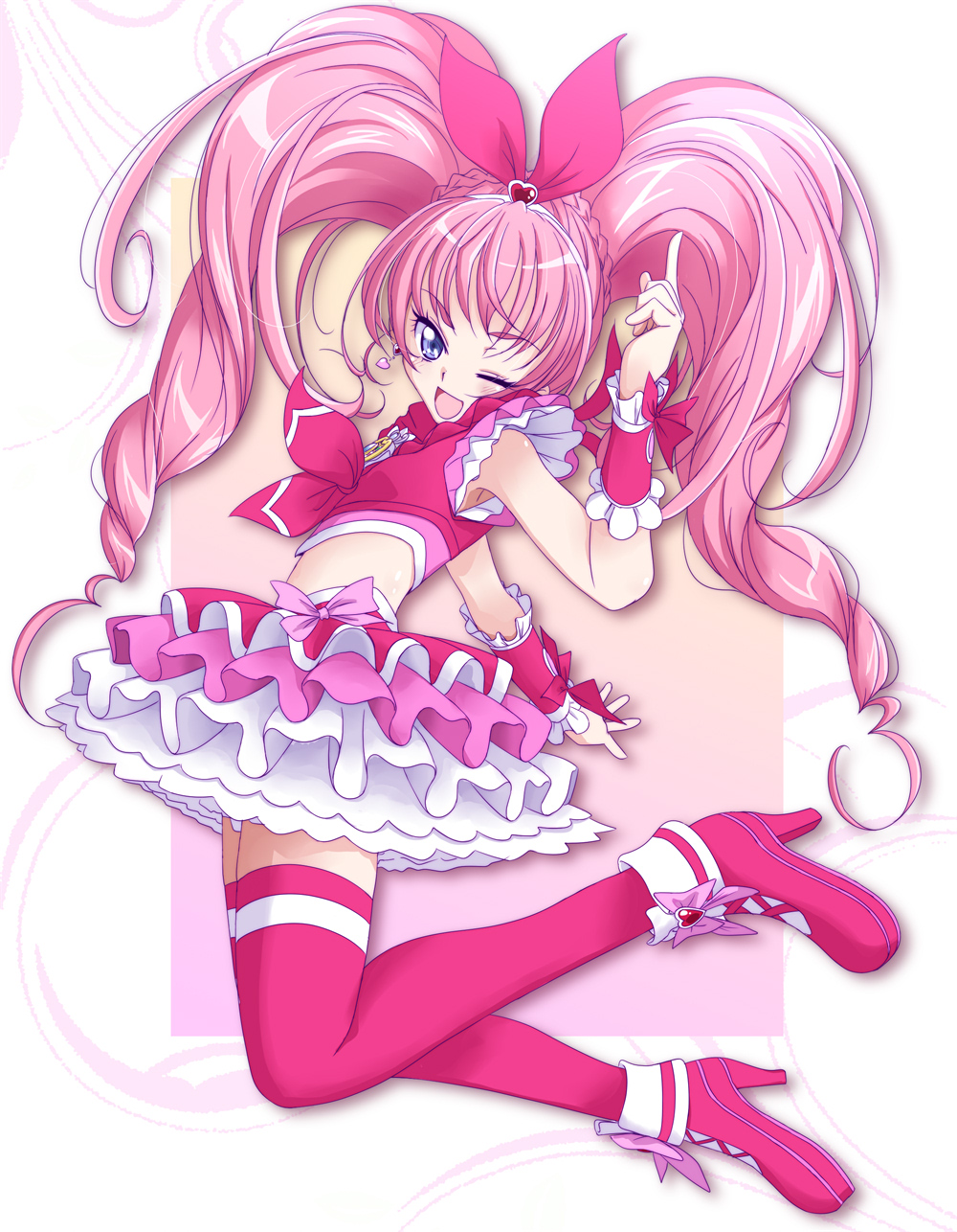1girl :d amraam120c arm_warmers blue_eyes bow_hairband brooch crop_top cure_melody earrings eyelashes full_body hairband heart heart_brooch high_heels highres houjou_hibiki jewelry layered_skirt long_hair looking_at_viewer one_eye_closed open_mouth pink_hair pink_shoes pink_skirt pink_thighhighs pleated_skirt pointing pointing_up precure shoes skirt sleeveless smile solo suite_precure thighhighs twintails twintails_with_braided_base very_long_hair white_skirt
