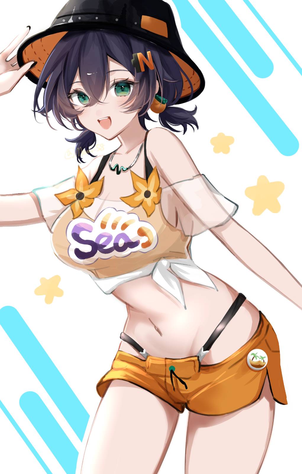 1girl belle_(summer_skies)_(zenless_zone_zero) belle_(zenless_zone_zero) bikini bikini_top_under_shirt blue_hair breasts bucket_hat clothes_writing cowboy_shot green_eyes hand_on_headwear hat highres jewelry medium_breasts memi_58 navel necklace official_alternate_costume open_mouth orange_bikini orange_shorts shirt short_hair short_shorts shorts smile solo stomach swimsuit thighs tied_shirt white_shirt zenless_zone_zero