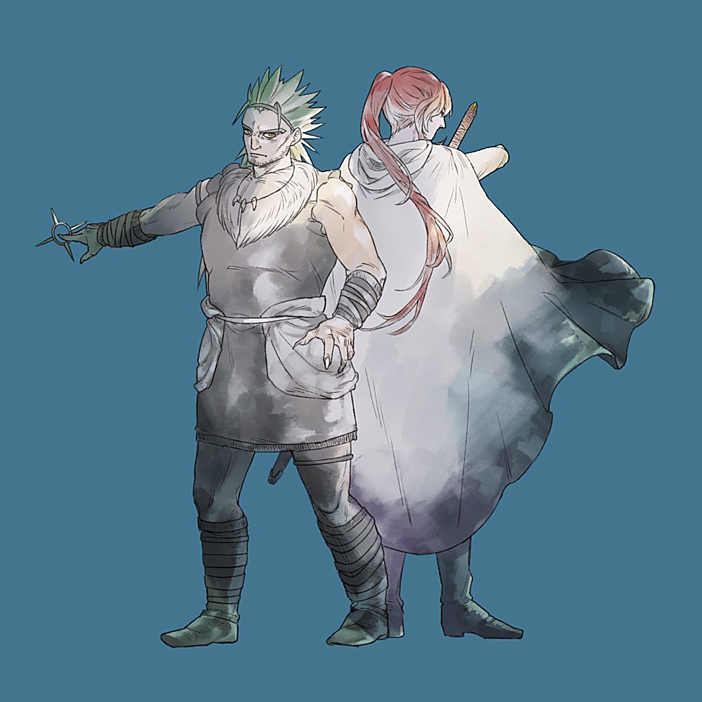 2boys back-to-back boots brothers cape colored_skin fur fur_trim gannen_harst green_hair holding holding_weapon jewelry long_hair multiple_boys necklace ponytail purple_skin red_hair short_hair shuriken siblings sword the_saga_of_darren_shan vancha_march weapon