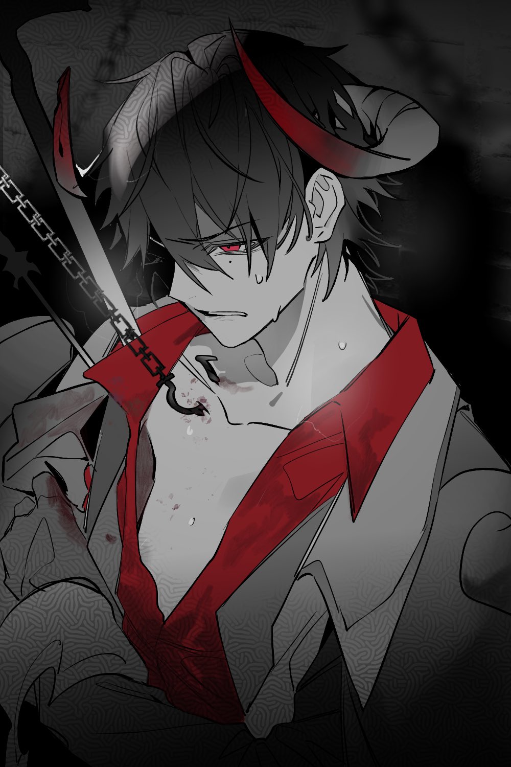 1boy black_hair blood blood_on_clothes blood_on_face blurry blurry_background chain clenched_teeth clothes_grab collarbone collared_shirt demon_boy demon_horns dripping gloves hair_between_eyes highres hook horns hypnosis_mic injury jacket long_sleeves looking_at_viewer male_focus mole mole_under_eye monochrome open_clothes open_collar parted_lips red_eyes red_shirt shirt short_hair shuiyiyaogong simple_background solo spot_color stab sweat teeth upper_body yamada_ichiro