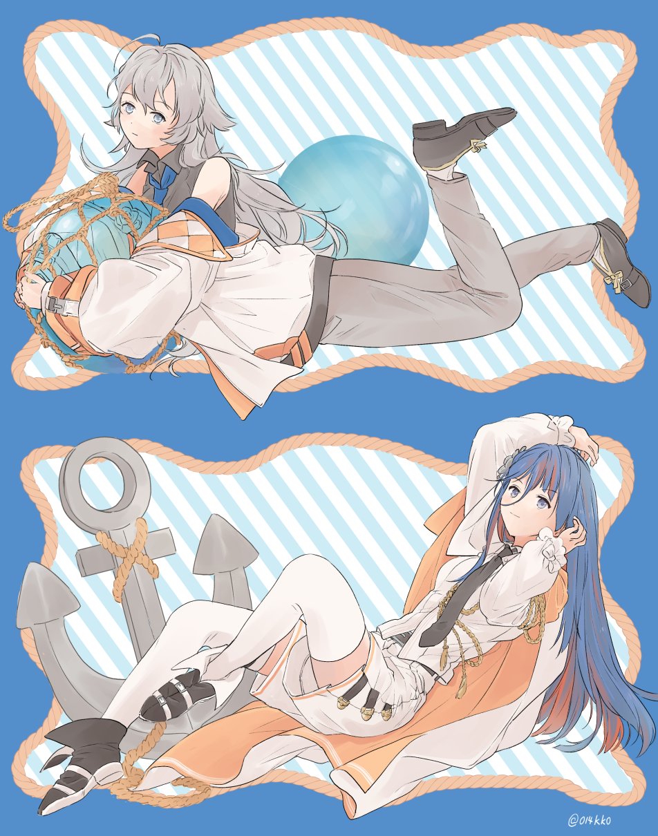 2girls ahoge aiguillette anchor belt black_belt black_necktie black_shirt black_shoes blue_hair blue_necktie blue_shirt cape coat commentary_request grey_eyes grey_hair grey_pants highres jacket kantai_collection kokko_(014kko) long_hair long_sleeves looking_at_viewer multicolored_hair multicolored_shoes multiple_girls necktie pants red_hair shirt shoes shorts sleeveless sleeveless_shirt south_dakota_(anniversary)_(kancolle) south_dakota_(kancolle) thighhighs twitter_username two-sided_fabric two-tone_shoes washington_(anniversary)_(kancolle) washington_(kancolle) white_cape white_coat white_jacket white_shirt white_shorts white_thighhighs yellow_cape