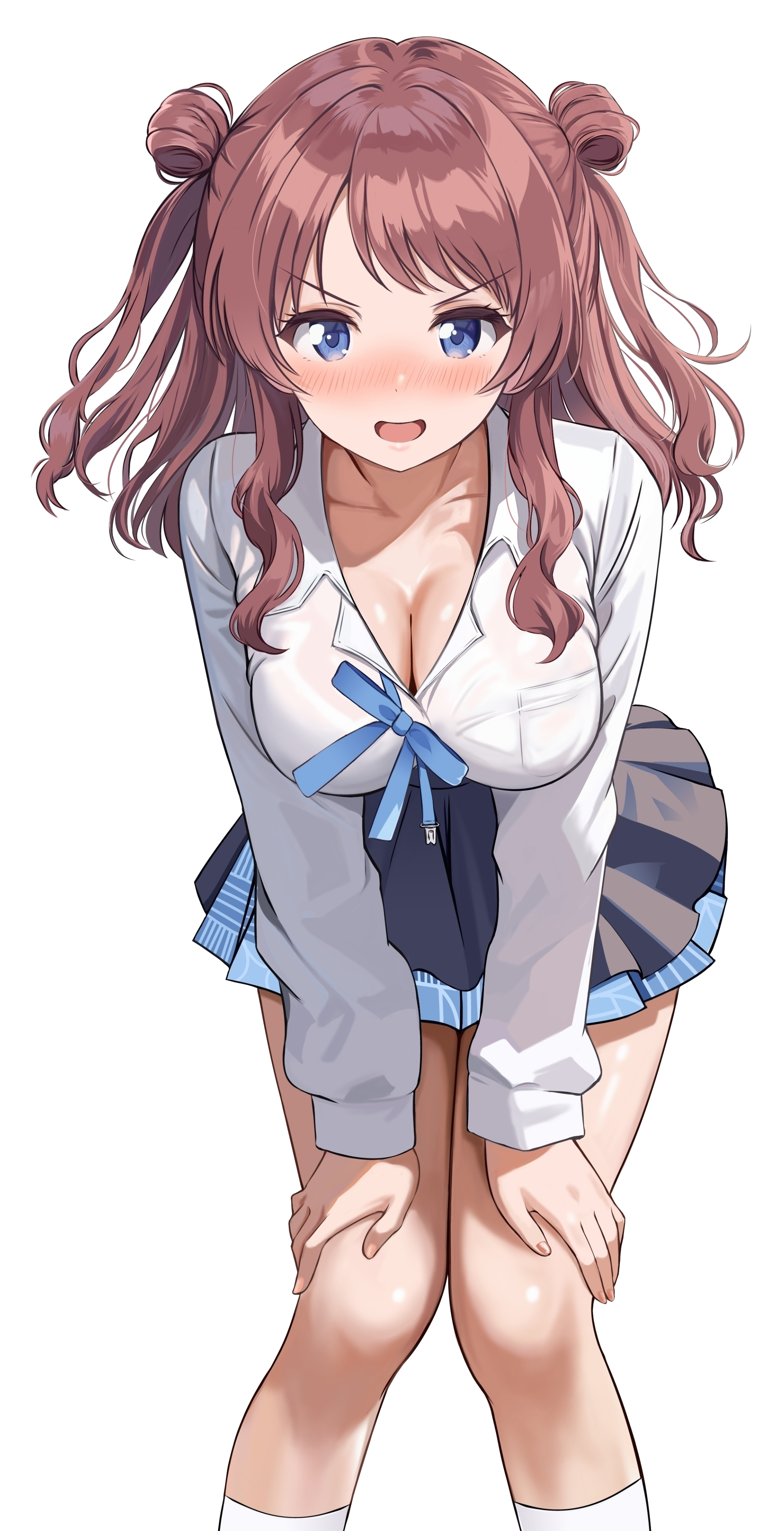 1girl :d absurdres bare_legs black_overskirt blue_eyes blue_ribbon blue_skirt blush breasts brown_hair cleavage collarbone commentary_request feet_out_of_frame fingernails gakuen_idolmaster hanami_saki hands_on_own_thighs hatsuboshi_gakuen_school_uniform highres idolmaster leaning_forward long_hair looking_at_viewer medium_breasts miniskirt neck_ribbon nose_blush open_collar open_mouth pleated_skirt ribbon school_uniform shirt simple_background skirt smile socks solo transparent_background two_side_up undone_neck_ribbon white_shirt white_socks zaofeng