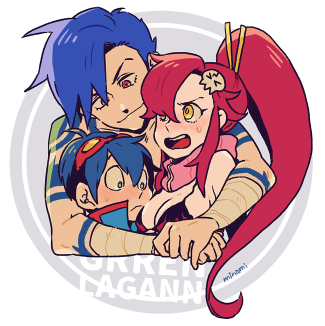 1girl 2boys blue_hair blush breast_press breasts closed_mouth dramatica embarrassed eyelashes goggles goggles_on_head group_hug hair_between_eyes hug kamina_(ttgl) large_breasts long_hair multiple_boys open_mouth ponytail red_eyes red_hair simon_(ttgl) tengen_toppa_gurren_lagann yellow_eyes yoko_littner