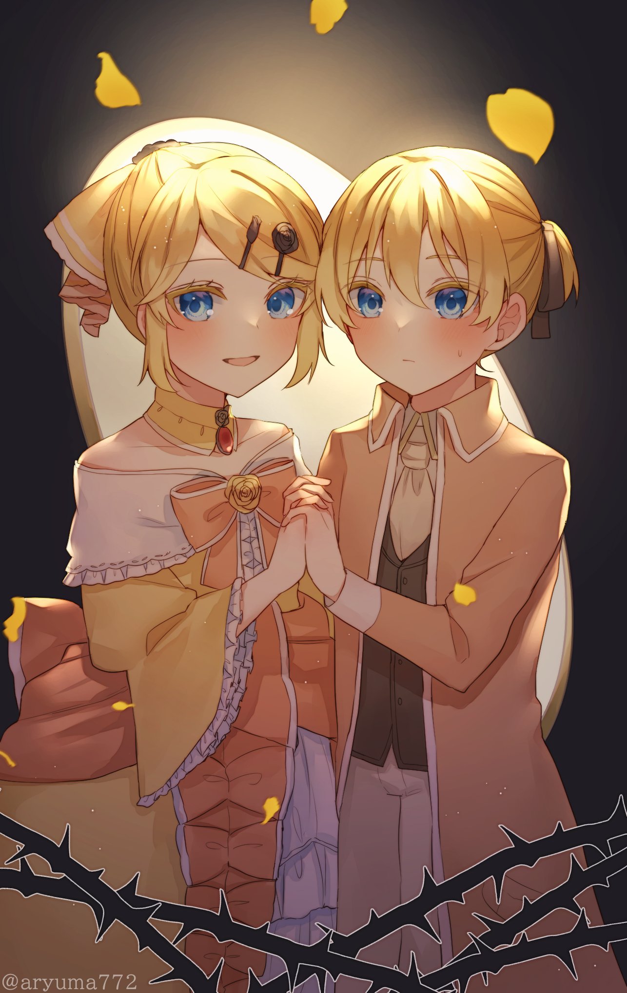 1boy 1girl aku_no_meshitsukai_(vocaloid) aku_no_musume_(vocaloid) allen_avadonia aryuma772 ascot bare_shoulders blonde_hair blue_eyes bow brooch choker collarbone collared_jacket collared_shirt colored_eyelashes dress dress_bow dress_flower dress_ribbon evillious_nendaiki falling_petals flower four_mirrors_of_lucifenia frilled_dress frilled_sleeves frills gem hair_between_eyes hair_bow hair_ornament hair_ribbon hairclip high_ponytail highres holding interlocked_fingers jacket jewelry kagamine_len kagamine_rin looking_at_viewer mirror off-shoulder_dress off_shoulder open_mouth orange_bow orange_jacket orange_ribbon petals petticoat ponytail red_gemstone ribbon riliane_lucifen_d&#039;autriche rose rose_petals shirt short_ponytail sidelocks sideways_glance smile sweatdrop swept_bangs thorns twitter_username updo vessel_of_sin vocaloid white_ascot white_shirt wide_sleeves yellow_bow yellow_choker yellow_dress yellow_flower yellow_rose