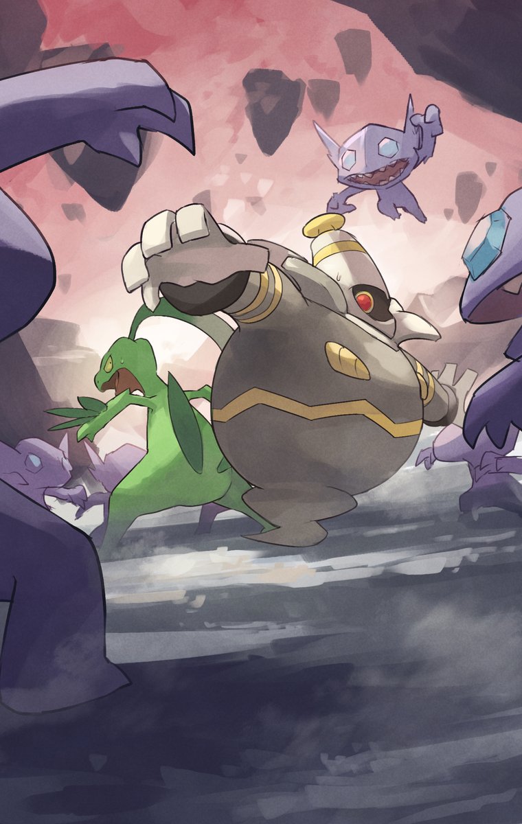 blue_eyes claws colored_skin commentary_request dusknoir floating gen_3_pokemon gen_4_pokemon green_skin grovyle highres jumping looking_back nintendo no_humans one-eyed open_mouth pokemon pokemon_(creature) pokemon_mystery_dungeon pokemon_mystery_dungeon:_explorers_of_time/darkness/sky purple_skin red_eyes sableye sharp_teeth standing sweat teeth yamaori_(hakkentai_pokedan) yellow_eyes