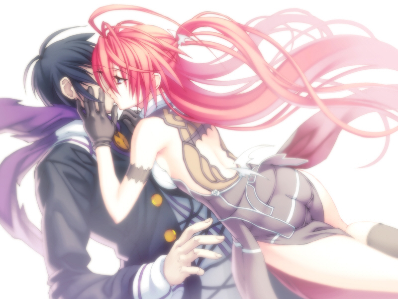 1boy 1girl game_cg hetero ignis_(jingai_makyou) jingai_makyou kiss long_hair nitroplus ponytail red_hair scarf short_hair