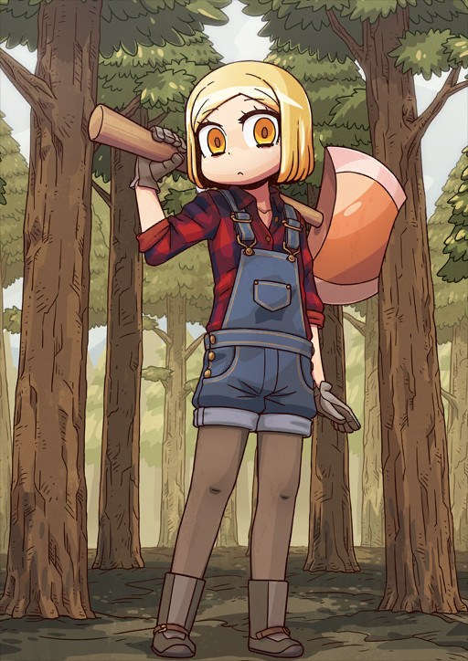 1girl arm_at_side axe black_boots blonde_hair blue_overalls bob_cut boots brown_pantyhose buttons closed_mouth collarbone collared_shirt denim_overalls dot_nose double-sided_axe eyelashes fate/grand_order fate_(series) forest full_body gloves grey_gloves hand_up holding holding_axe legs_apart looking_at_viewer nature official_art orange_eyes outdoors over_shoulder overall_shorts overalls pantyhose parted_bangs partially_unbuttoned paul_bunyan_(fate) paul_bunyan_(second_ascension)_(fate) plaid_clothes plaid_shirt red_shirt riyo_(lyomsnpmp) shirt short_hair solo standing third-party_source three-quarter_sleeves tree variant_set weapon weapon_over_shoulder wing_collar