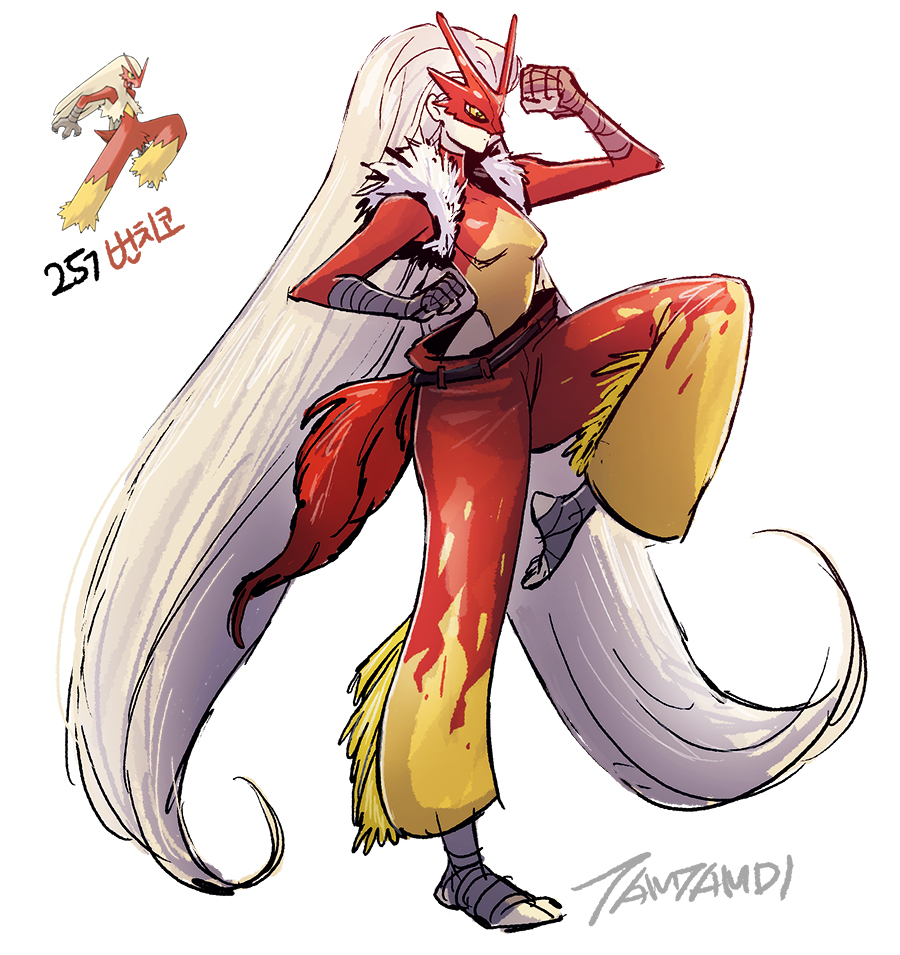 1girl blaziken clenched_hands closed_mouth commentary flame_print full_body gen_3_pokemon leotard long_hair mask nintendo pants personification pokemon pokemon_(creature) red_pants reference_inset signature simple_background standing standing_on_one_leg tamtamdi translated very_long_hair white_background white_hair yellow_eyes