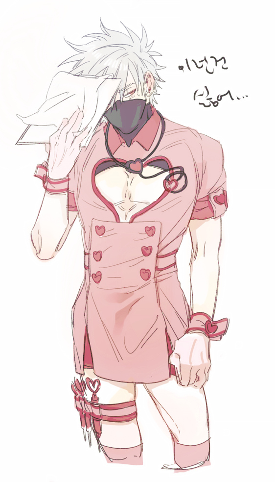 1boy blush clothing_cutout crossdressing crossdressing_(mtf) grey_hair hatake_kakashi heart_cutout holding male_focus mask mouth_mask naruto_(series) naruto_shippuuden nurse pectorals scar scar_across_eye scar_on_face short_hair solo translation_request vosovic