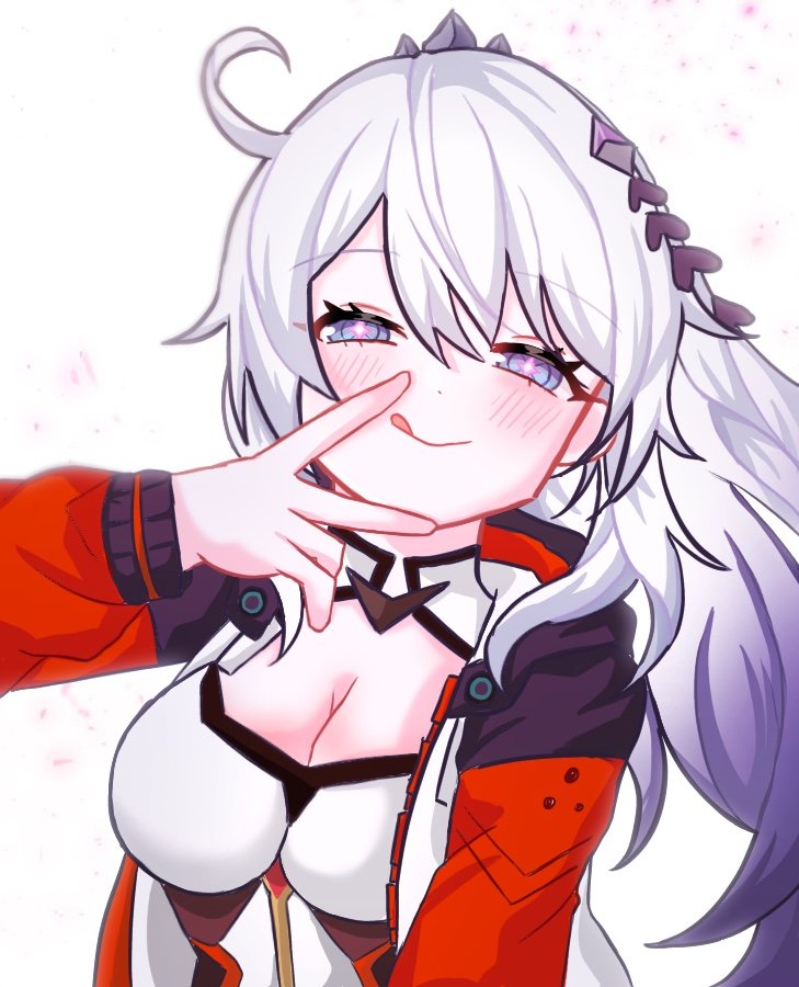 1girl :q blue_eyes blush bodysuit breasts cleavage closed_mouth commentary_request grey_hair hair_between_eyes half-closed_eyes hand_up honkai_(series) honkai_impact_3rd jacket kiana_kaslana kiana_kaslana_(white_comet) korean_commentary long_hair long_sleeves medium_breasts open_clothes open_jacket puffy_long_sleeves puffy_sleeves red_jacket saewon smile solo tongue tongue_out upper_body very_long_hair white_background white_bodysuit