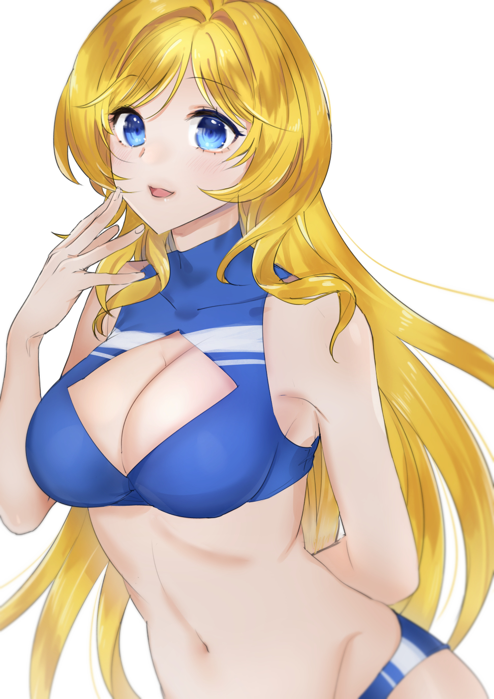 1girl blonde_hair blue_eyes breasts cleavage_cutout clothing_cutout female_focus highres konno_shimako large_breasts long_hair looking_at_viewer melua_melna_meia simple_background smile solo super_robot_wars super_robot_wars_judgement super_robot_wars_og_moon_dwellers super_robot_wars_original_generation white_background