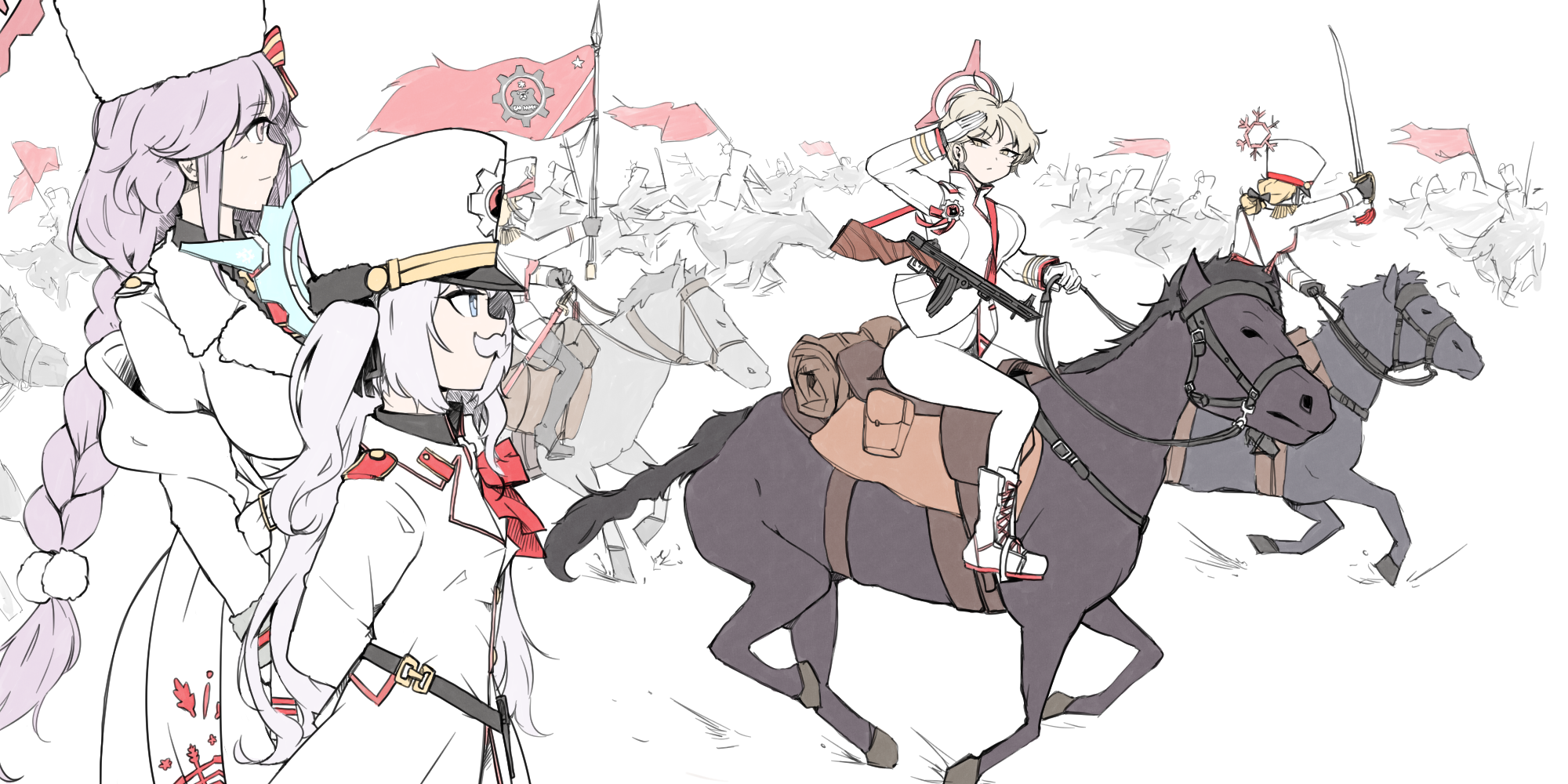 blue_archive blue_eyes braid breasts cavalry cavalry_sword charging_forward cherino_(blue_archive) coat fake_facial_hair fake_mustache fur-trimmed_coat fur_hat fur_trim halo hat highres large_breasts light_brown_hair long_braid marina_(blue_archive) nanashi_(pixiv_98920795) pink_eyes pink_hair red_halo red_winter_guard_(blue_archive) saber_(weapon) shako_cap standard_bearer sword tomoe_(blue_archive) twin_braids two_side_up ushanka weapon white_coat white_hair winter_clothes yellow_eyes