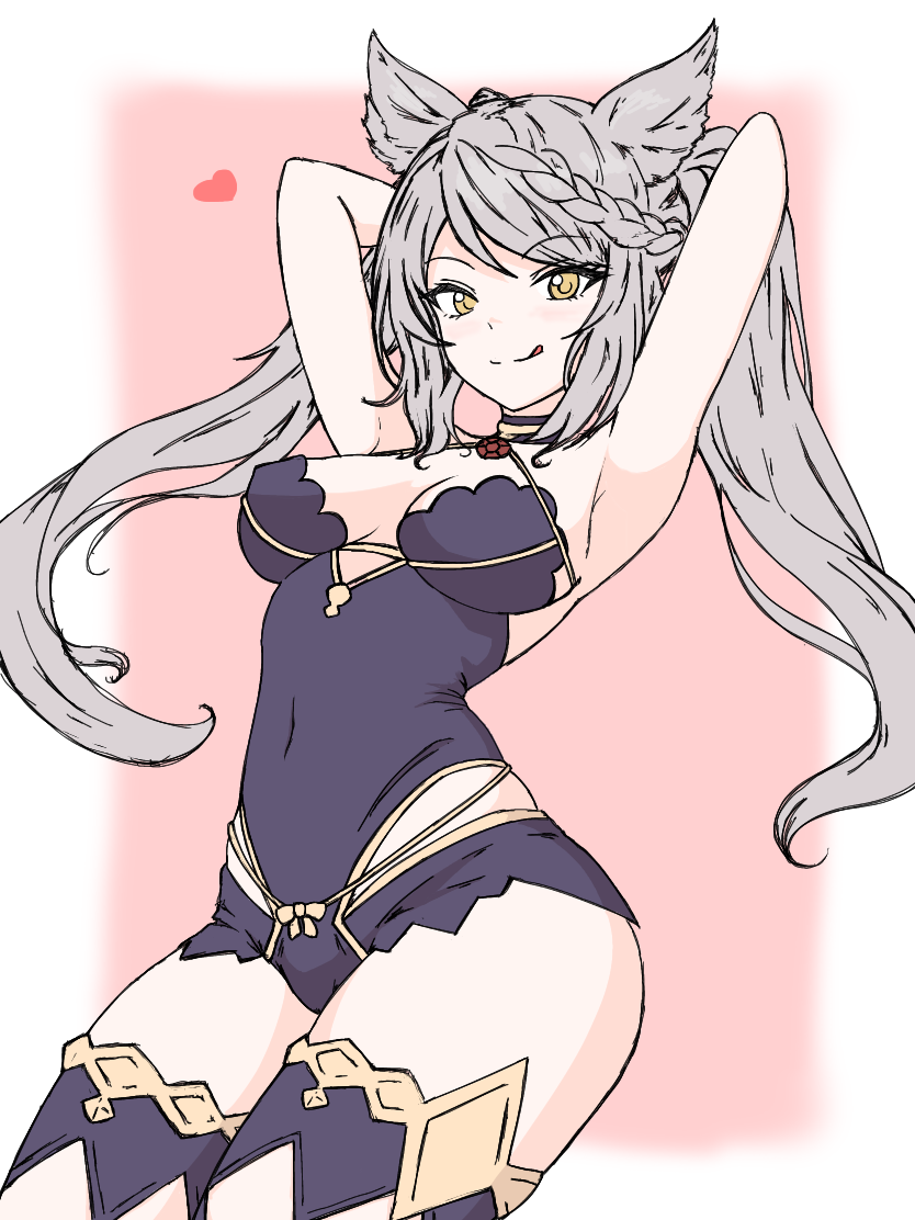 1girl :p animal_ears armpits black_leotard braid braided_bangs detached_pants erune fraux granblue_fantasy grey_hair heart ichimisan leotard solo tongue tongue_out twintails