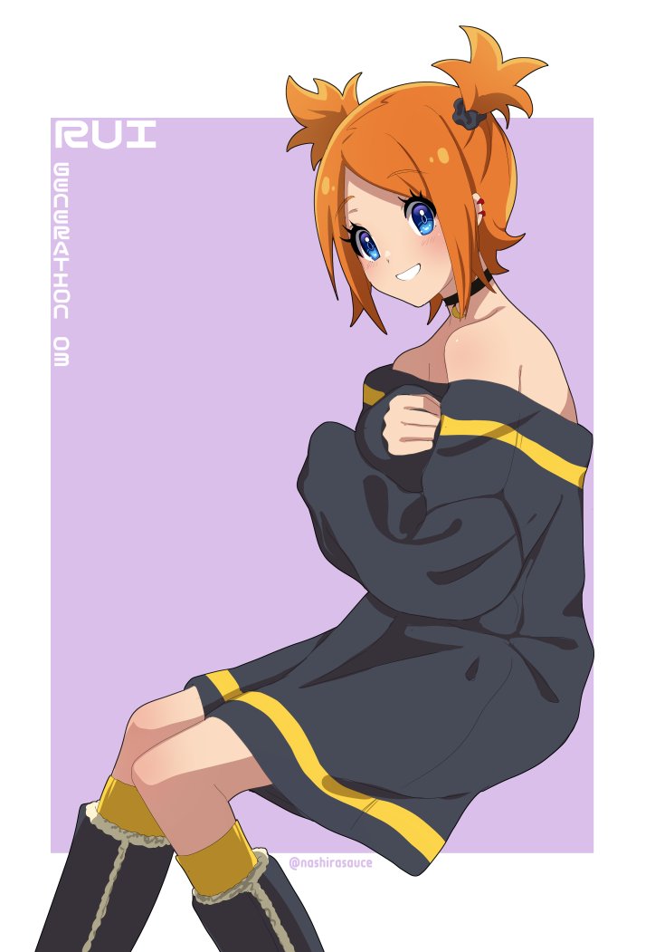 1girl alternate_costume black_boots black_choker black_dress blue_eyes boots border character_name choker commentary_request creatures_(company) dress eyelashes from_side game_freak grin kneehighs nashirasauce nintendo off_shoulder orange_hair parted_bangs pokemon pokemon_colosseum purple_background rui_(pokemon) smile socks solo teeth twitter_username two_side_up white_border yellow_socks