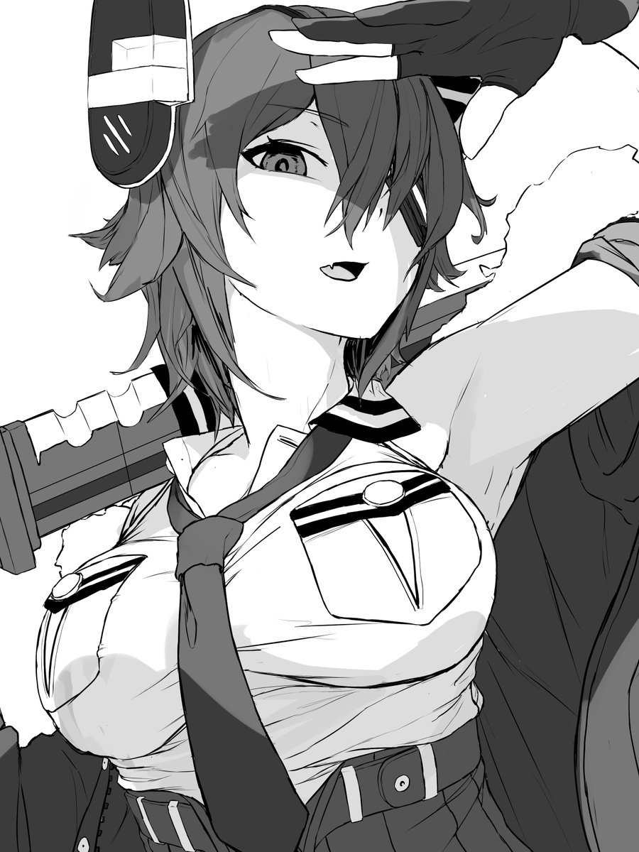 1girl breast_pocket breasts collared_shirt eyepatch fang fur-trimmed_jacket fur_trim gloves greyscale hair_between_eyes headgear highres jacket kantai_collection large_breasts looking_at_viewer monochrome necktie off_shoulder open_clothes open_jacket open_mouth over_shoulder partially_fingerless_gloves pocket sannsogyoraikai shirt short_hair simple_background sleeveless sleeveless_shirt solo sword tenryuu_(kancolle) tenryuu_kai_ni_(kancolle) upper_body weapon weapon_over_shoulder