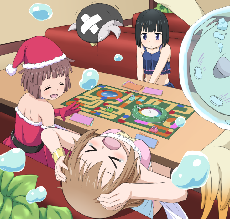 &gt;_&lt; 10s 3girls asphyxiation bandages bikini black_hair blunt_bangs brown_hair closed_eyes drowning elbow_gloves gloves hanami_yuzuka hands_on_own_head hat kosyooka magical_girl mahou_shoujo_nante_mou_ii_desukara. miton multiple_girls pochi_(mahoii) red_gloves sakagami_chiya santa_costume santa_hat shinogi_mafuyu short_hair swimsuit table tearing_up the_game_of_life_(board_game) water