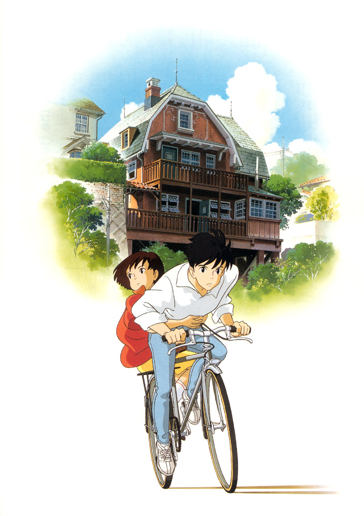 1990s_(style) 1boy 1girl amasawa_seiji bicycle brown_hair cloud house jacket mimi_wo_sumaseba multiple_riders non-web_source retro_artstyle short_hair sky studio_ghibli tsukishima_shizuku