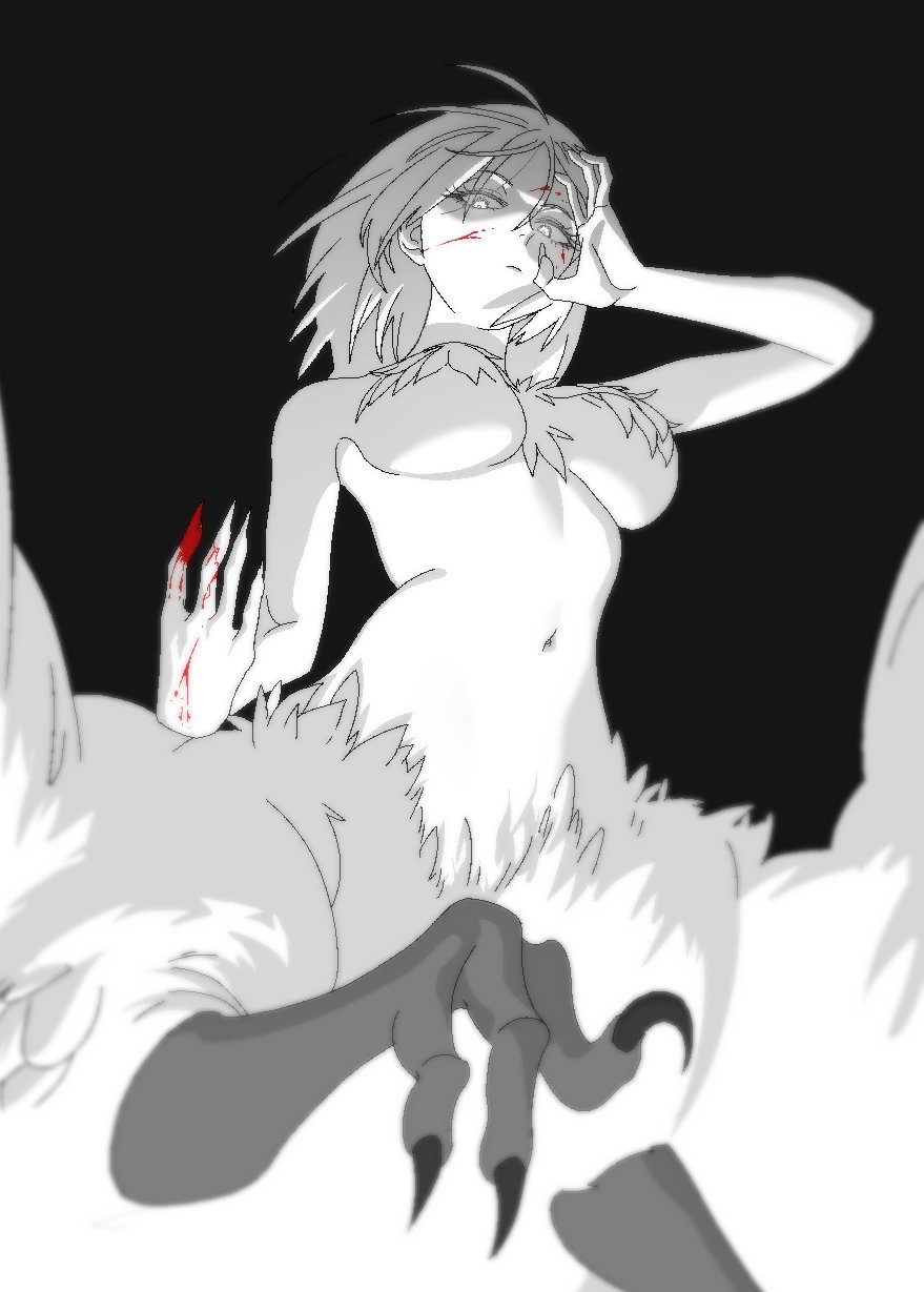 1girl black_background blood blood_on_face blood_on_hands body_fur breasts chimera dungeon_meshi falin_touden falin_touden_(chimera) feathers ggm_(my_drawin5670) highres monster_girl navel simple_background solo underboob white_feathers wings