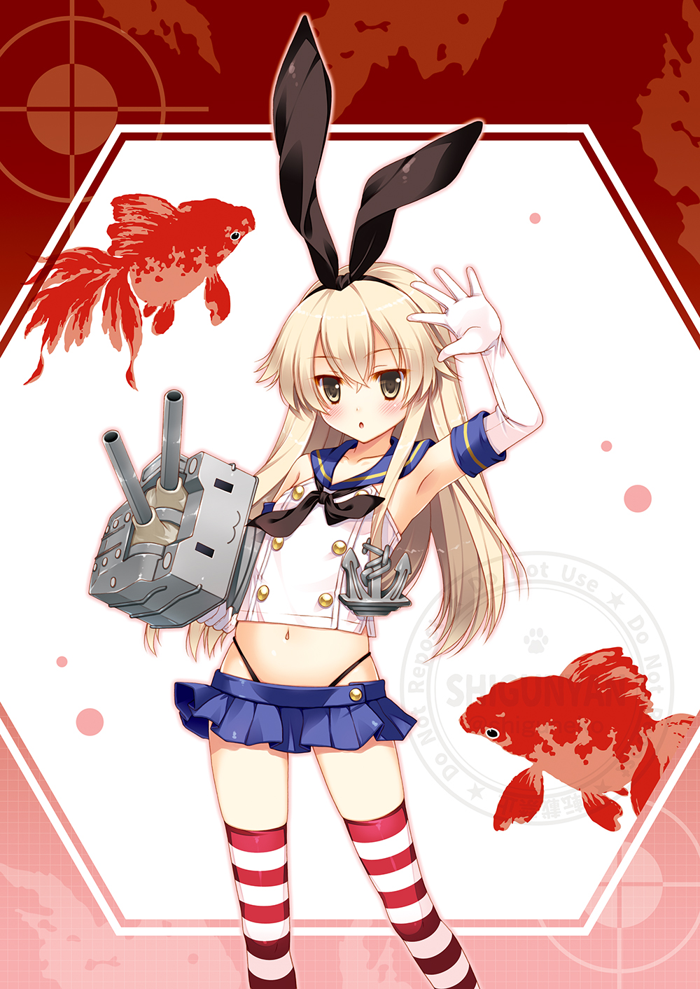 1girl black_hairband black_neckerchief black_panties blonde_hair blue_sailor_collar blue_skirt commentary_request crop_top elbow_gloves feet_out_of_frame fish flat_chest gloves goldfish hairband highleg highleg_panties highres kantai_collection long_hair microskirt miniskirt neckerchief panties pleated_skirt rensouhou-chan sailor_collar shigunyan shimakaze_(kancolle) skirt standing thighhighs underwear white_gloves yellow_eyes