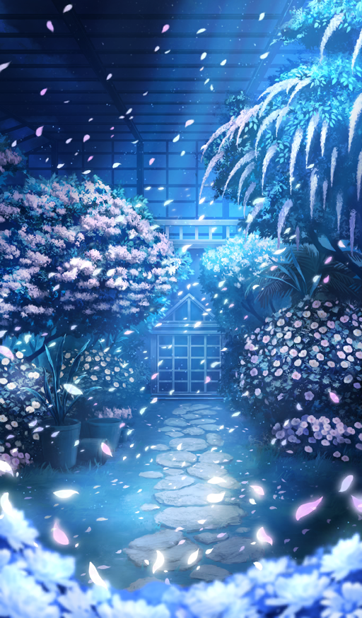 blue_theme blurry blurry_foreground commentary fate/grand_order fate_(series) flower grass greenhouse indoors lasengle light_rays moonbeam moonlight nature night no_humans official_art petals plant plant_request potted_plant still_life stone_walkway third-party_source tree