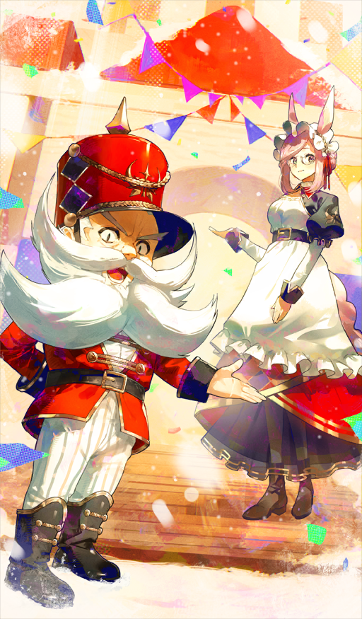 1boy 1girl :d animal_ears apron arcobale_6 arm_behind_back beard belt belt_buckle black_belt black_boots black_dress boots breasts brown_boots buckle buttons closed_mouth commentary_request don_quixote_(fate) dress facial_hair fate/grand_order fate_(series) glasses hand_up hat height_difference horse_ears horse_girl horse_tail jacket juliet_sleeves layered_dress long_beard long_dress long_sleeves looking_at_viewer maid_headdress mustache official_alternate_costume official_art old old_man open_mouth pants parted_bangs pennant pink_hair pohjola_no_christmas_eve puffy_sleeves red_dress red_hat red_jacket round_eyewear sancho_(fate) shako_cap short_hair sidelocks smile standing tail teeth third-party_source toy_block v-shaped_eyebrows white_apron white_facial_hair white_hair white_pants
