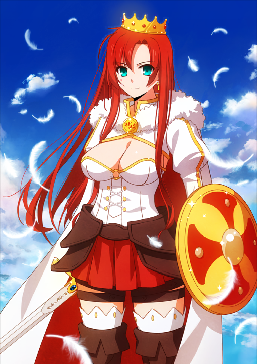 1girl aotsuki_takao aqua_eyes blue_background blue_sky boots boudica_(fate) boudica_(third_ascension)_(fate) breasts brown_boots cape cleavage closed_mouth cloud cropped_jacket cross-laced_clothes cross-laced_top crown curtained_hair day earrings falling_feathers fate/grand_order fate_(series) feathers feet_out_of_frame fur-trimmed_cape fur_trim gold_crown high_collar holding holding_shield holding_sword holding_weapon jacket jewelry juliet_sleeves long_hair long_sidelocks long_sleeves looking_at_viewer miniskirt o-ring official_art outdoors ponytail puffy_sleeves red_hair red_skirt shield shirt sideboob sidelocks skirt sky smile solo sparkle standing strapless strapless_shirt sword thigh_boots thigh_strap third-party_source very_long_hair weapon white_cape white_feathers white_jacket white_shirt