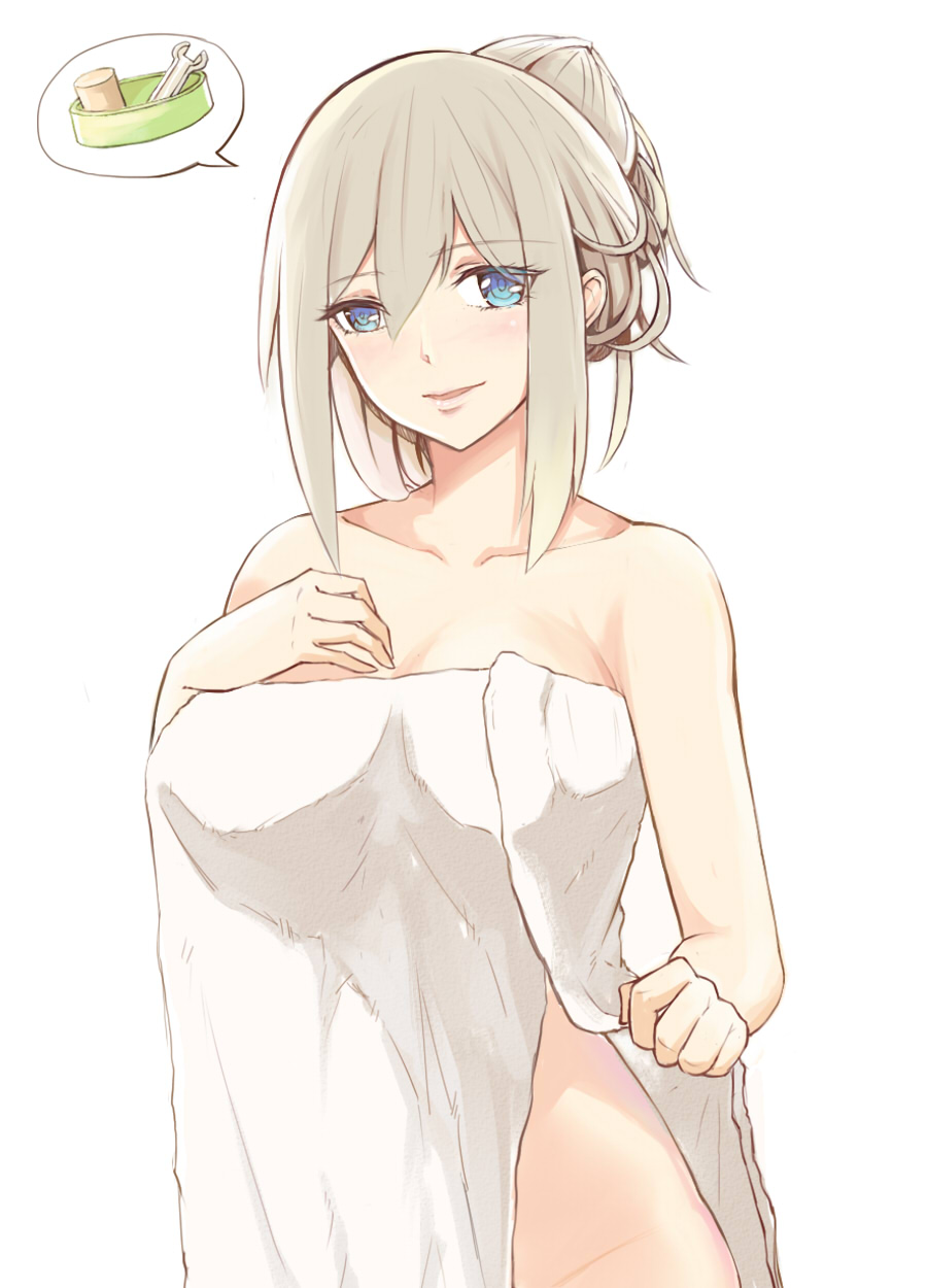 1girl breasts female_focus hair_up hand_on_own_chest highres large_breasts lexington_(warship_girls_r) naked_towel out-of-frame_censoring parted_lips platinum_blonde_hair silver_hair simple_background smile solo speech_bubble towel warship_girls_r white_background wrench xiao_shei..