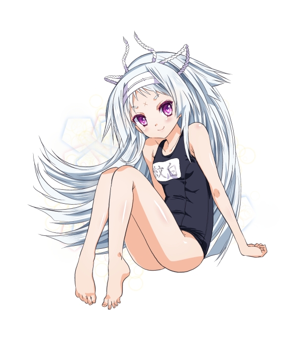 1girl barefoot female_focus hairband kuki_monshiro long_hair maji_de_watashi_ni_koi_shinasai! maji_de_watashi_ni_koi_shinasai!_s name_tag one-piece_swimsuit purple_eyes school_swimsuit sitting smile solo sumegari_hamao sumeragi_hamao swimsuit white_hair