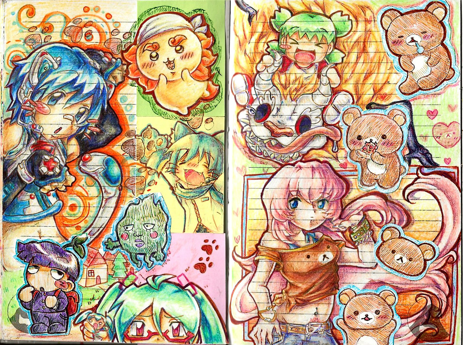3boys 4girls animal animal_ears animal_hands aqua_hair bear black_hair blue_hair cat_boy cat_ears cat_paws chibi chiikawa colored_pencil_(medium) commentary crossover dual_persona ekubo_(mob_psycho_100) english_commentary green_hair hachune_miku hatsune_miku hatsune_miku_(natural) kageyama_shigeo kaito_(neko_cyber)_(vocaloid) kaito_(vocaloid) koiwai_yotsuba lennardo_(grim_the_end) megurine_luka mini_person minigirl mob_psycho_100 multiple_boys multiple_crossover multiple_girls pink_hair project_diva_(series) quad_tails rilakkuma san-x shisa_(chiikawa) short_hair traditional_media twintails vocaloid yotsubato!
