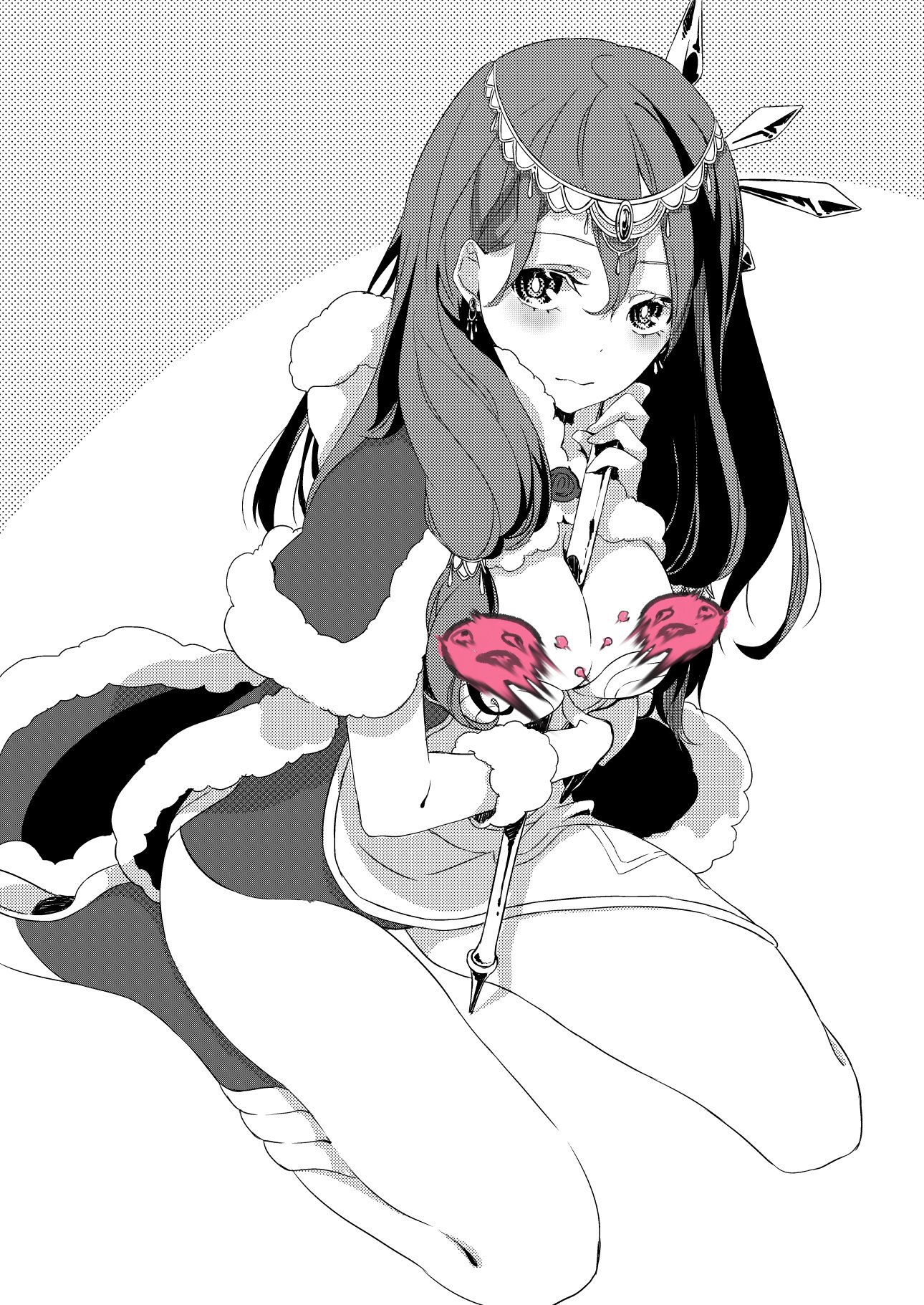 1girl blush boots breasts cape circlet closed_mouth commentary_request dress earrings full_body fur-trimmed_cape fur-trimmed_gloves fur_trim gloves greyscale high_wizard_(ragnarok_online) highres holding holding_staff jewelry large_breasts long_hair looking_at_viewer monochrome poring ragnarok_online seiza sitting solo staff two-tone_dress yutsuki