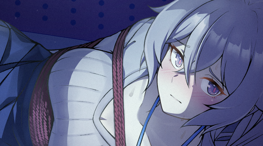 1girl bdsm blush bondage bound breasts bronya_zaychik bronya_zaychik_(outstanding_attitude) bronya_zaychik_(silverwing:_n-ex) collarbone commentary english_commentary grey_eyes grey_hair grey_sweater hair_between_eyes honkai_(series) honkai_impact_3rd medium_breasts pink_pupils ribbed_sweater rope solo sweater vakaosciosa