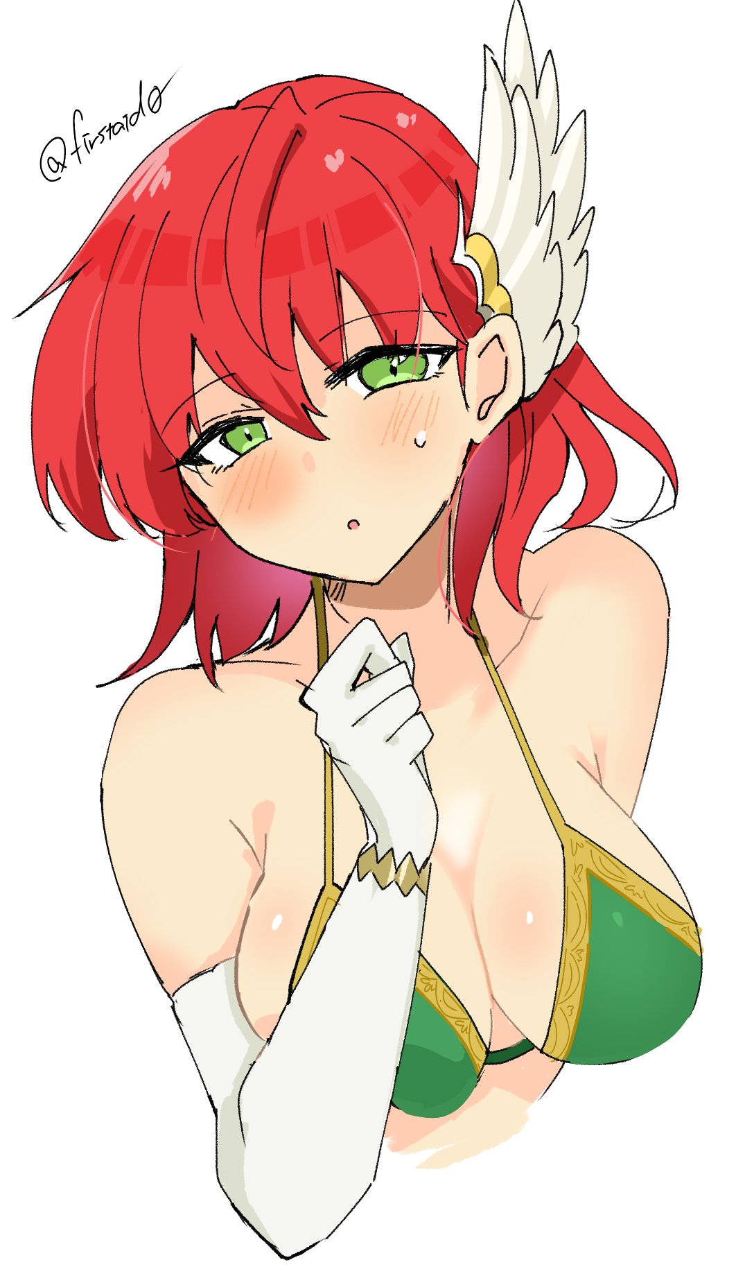 1girl alternate_costume bare_shoulders bob_cut breasts elbow_gloves fire_emblem fire_emblem:_the_blazing_blade gloves green_eyes highres large_breasts nintendo priscilla_(fire_emblem) red_hair white_gloves winged_hair_ornament yukia_(firstaid0)