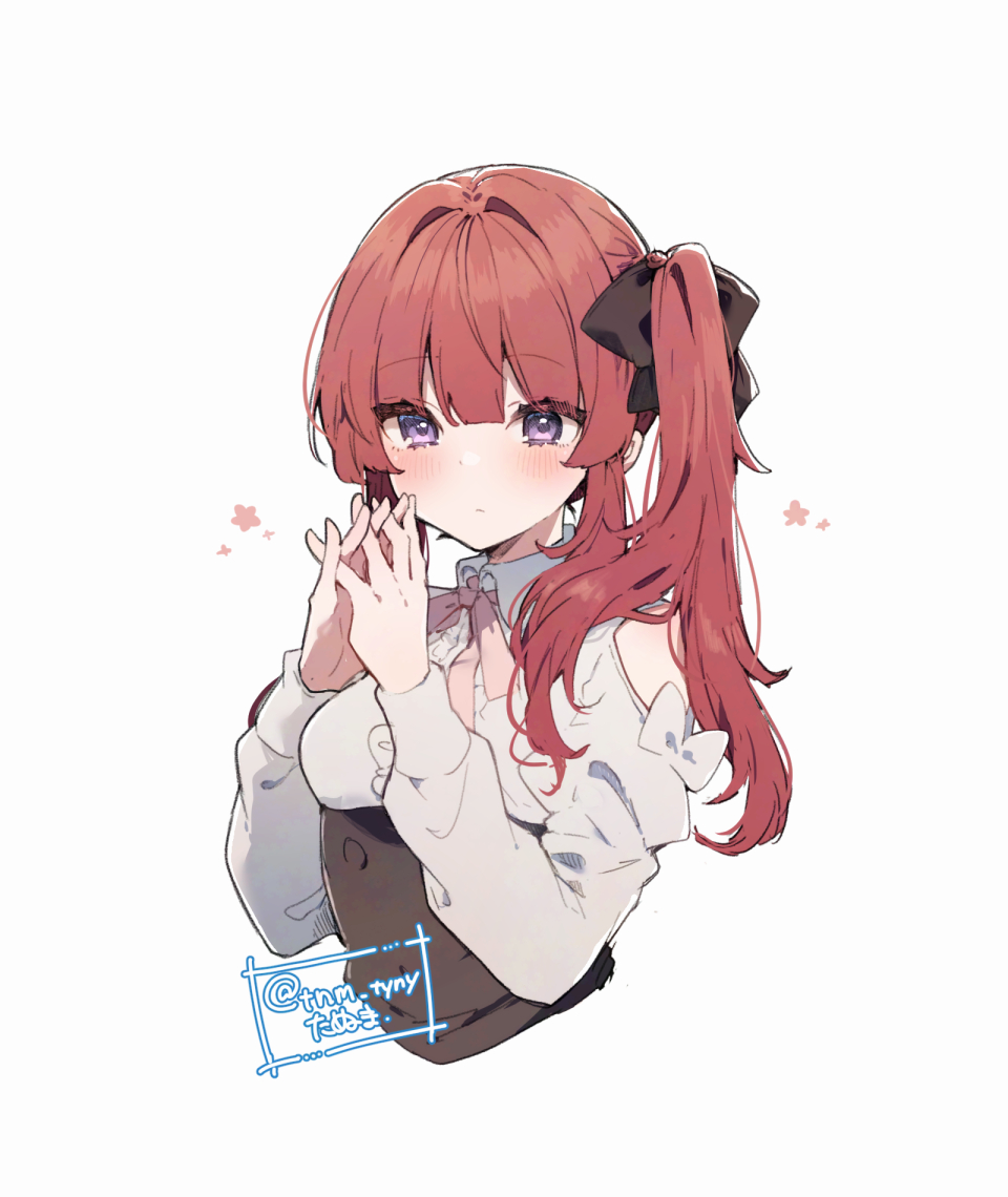 1girl :&lt; alternate_hairstyle anna_(ikeuchi_tanuma) black_bow blush bow center_frills clothing_cutout collared_shirt commentary_request cropped_torso frills hair_bow hair_intakes ikeuchi_tanuma interlocked_fingers juliet_sleeves light_frown long_sleeves looking_at_viewer original own_hands_clasped own_hands_together puffy_sleeves purple_eyes red_hair shirt shoulder_cutout side_ponytail sidelocks signature solo twitter_username underbust white_background