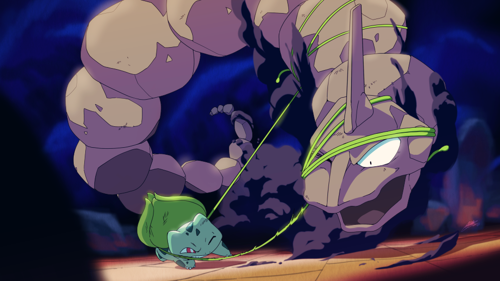 battle bulbasaur clenched_teeth commentary commission english_commentary game_freak gen_1_pokemon matt_(eiffel) nintendo no_humans one_eye_closed onix plant pokemon pokemon_(creature) red_eyes smoke teeth vines