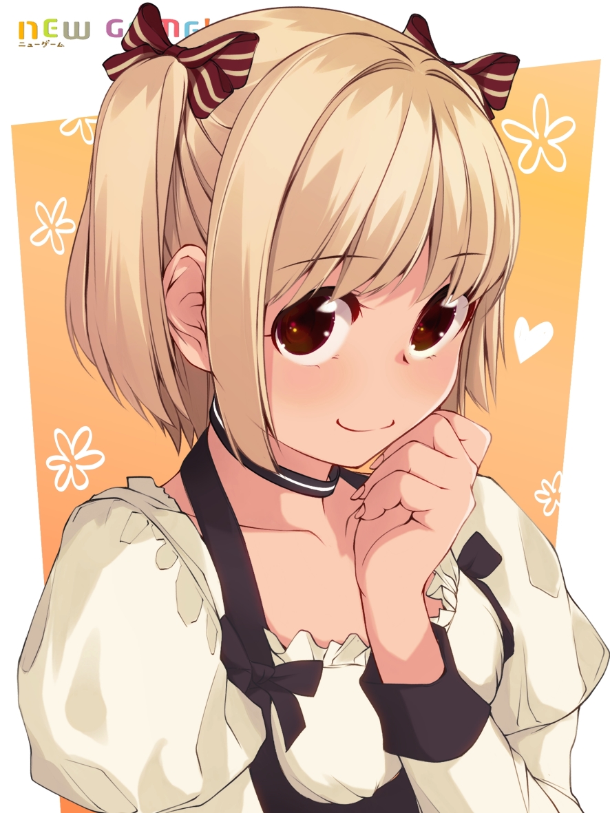 1girl arm_up black_ribbon blonde_hair bow brown_eyes chuutaro_metal collarbone copyright_name dress hair_bow heart iijima_yun long_sleeves looking_at_viewer multiple_hair_bows new_game! ribbon short_hair sidelocks smile solo two_side_up upper_body